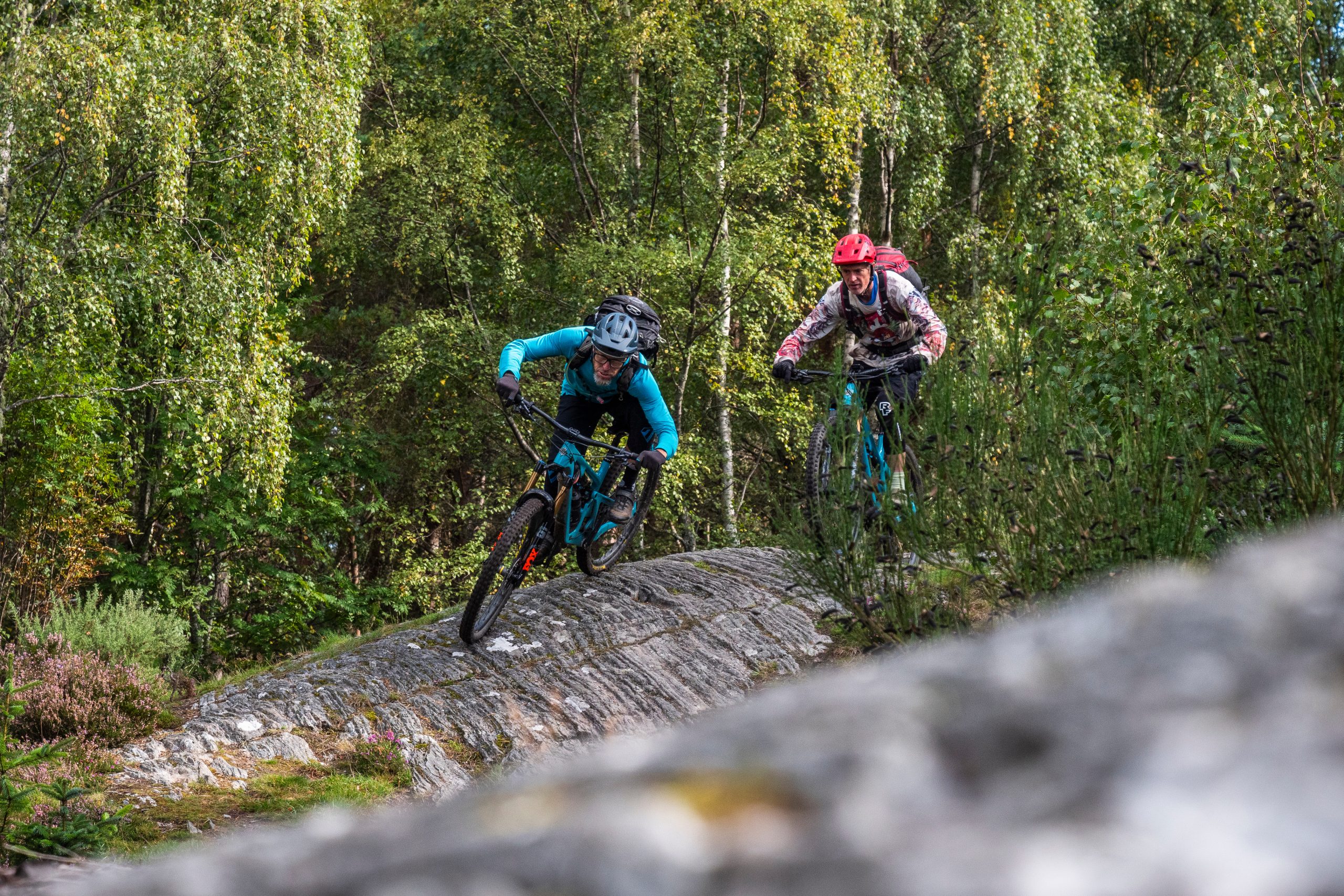 Mountain bikers riding on rocky trail through forest, wearing helmets and gear. Outdoor adventure, cycling in nature setting, green foliage background. Mountain Bike United.