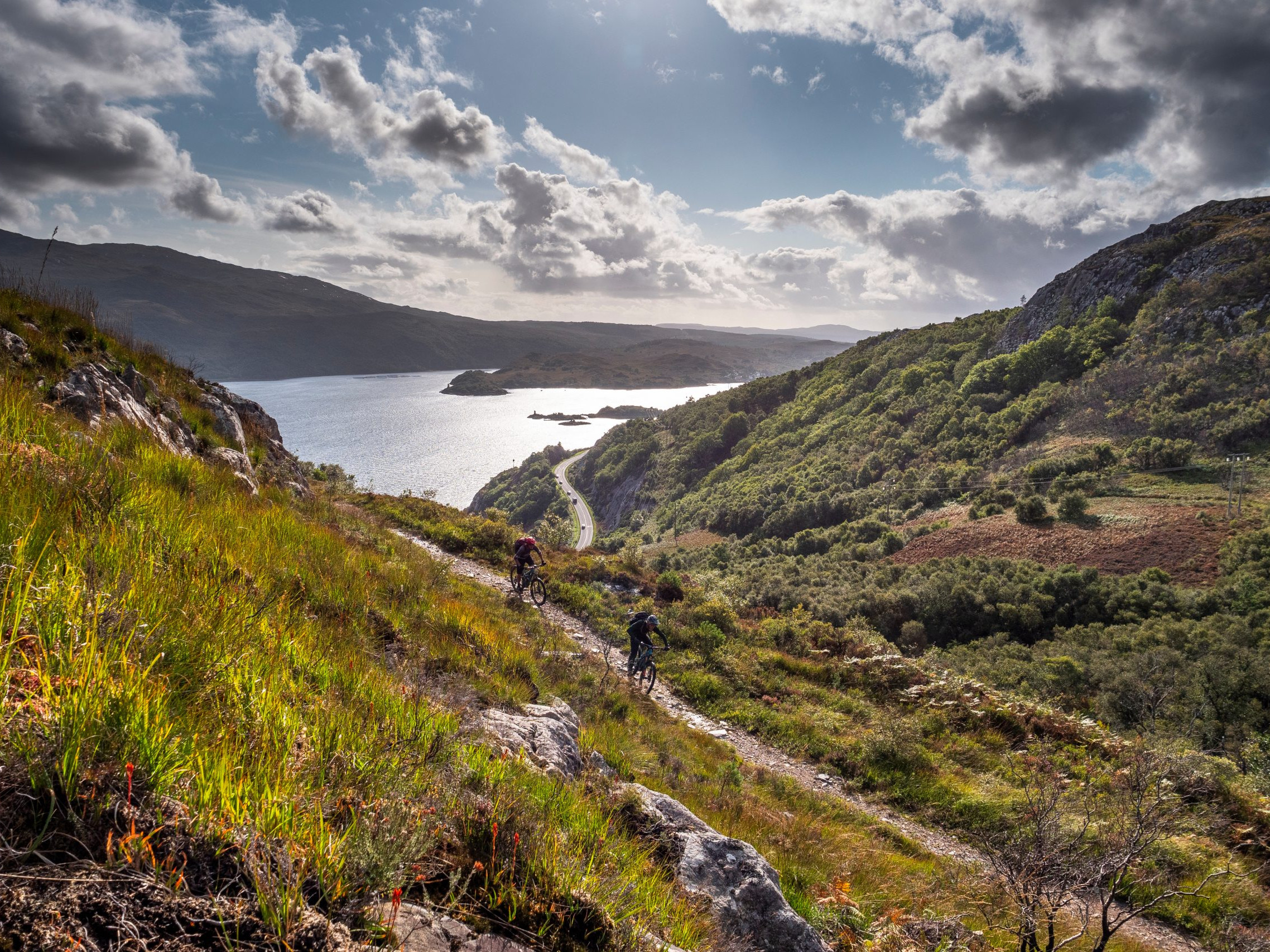 Mountain biking trail overlooking scenic lake and hills, cloudy sky, lush greenery. Outdoor adventure, cycling in nature, picturesque landscape. Mountain Bike United.