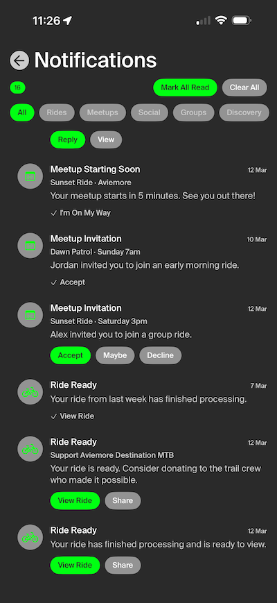 Notifications for MTB event organization on the platform, including ride invitations and updates. Mountain Bike United.