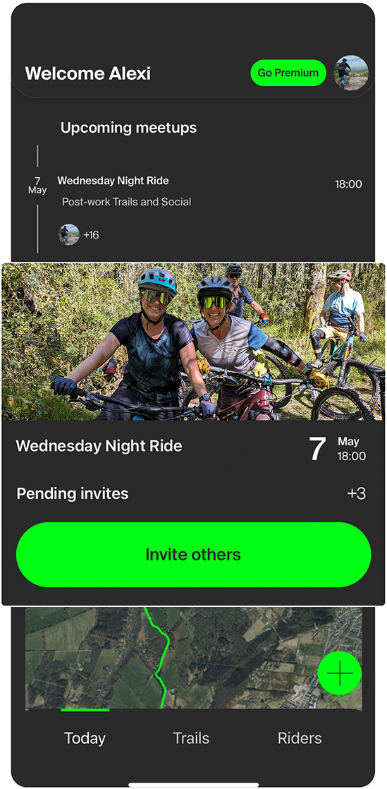 Mountain bike community app interface showing upcoming meetups, Wednesday Night Ride event details, and invite options for trail enthusiasts. Mountain Bike United.