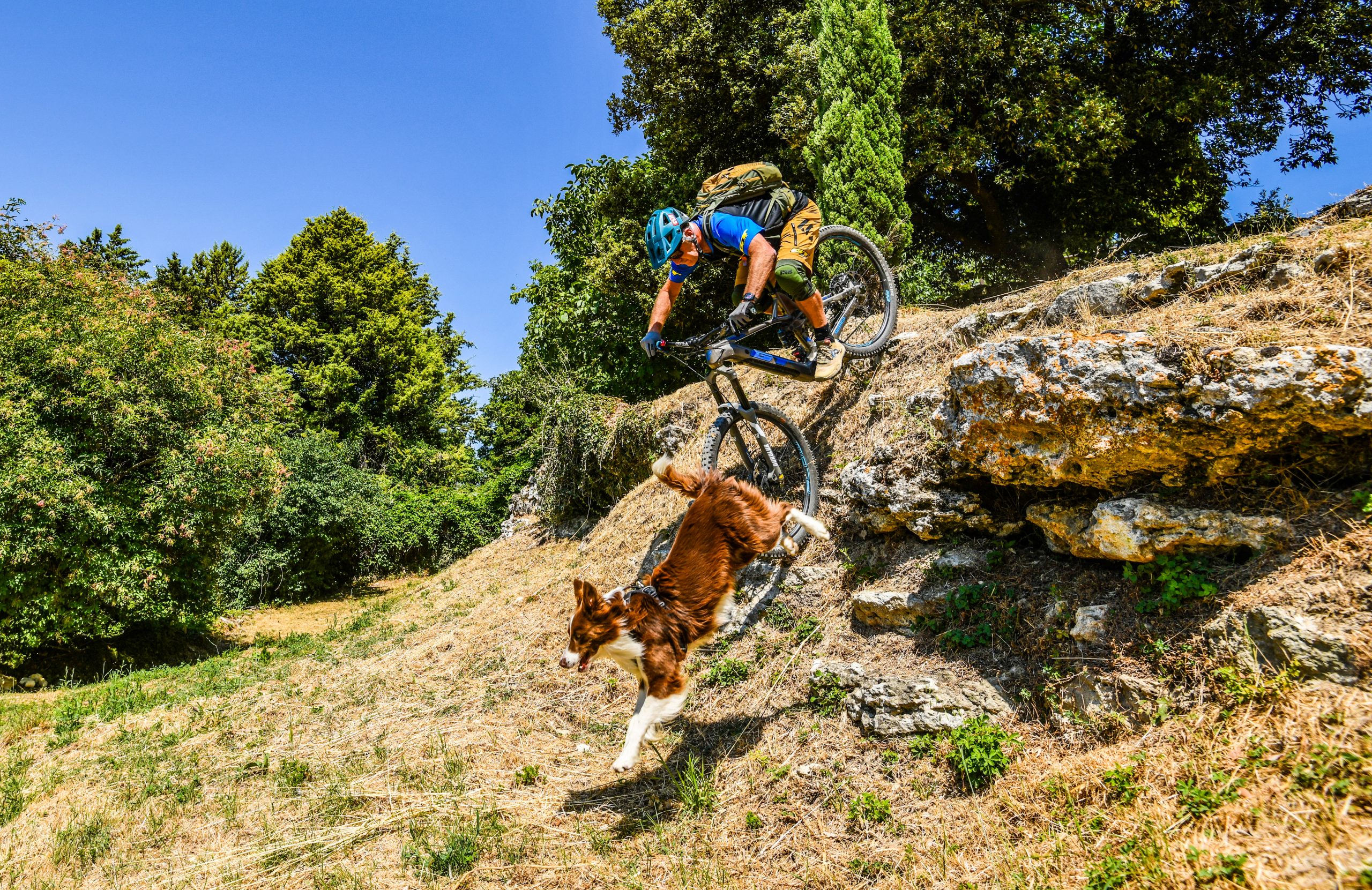 Hans Rey mountain biking with a dog on a steep trail in Umbria. Adventure scene from