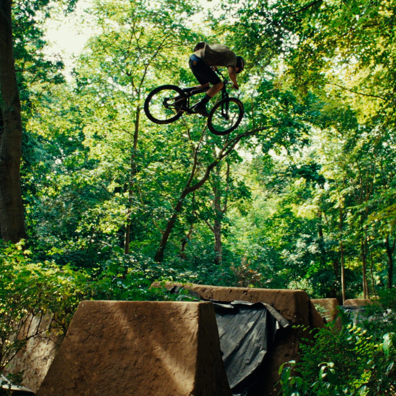 Mountain biker performing aerial stunt over dirt jump in lush forest setting, showcasing extreme sports and outdoor adventure. Mountain Bike United.