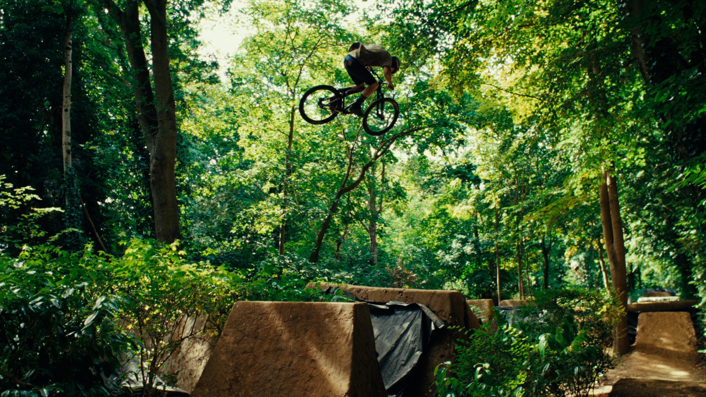 Mountain biker performing aerial stunt over dirt jump in lush forest setting, showcasing extreme sports and outdoor adventure. Mountain Bike United.