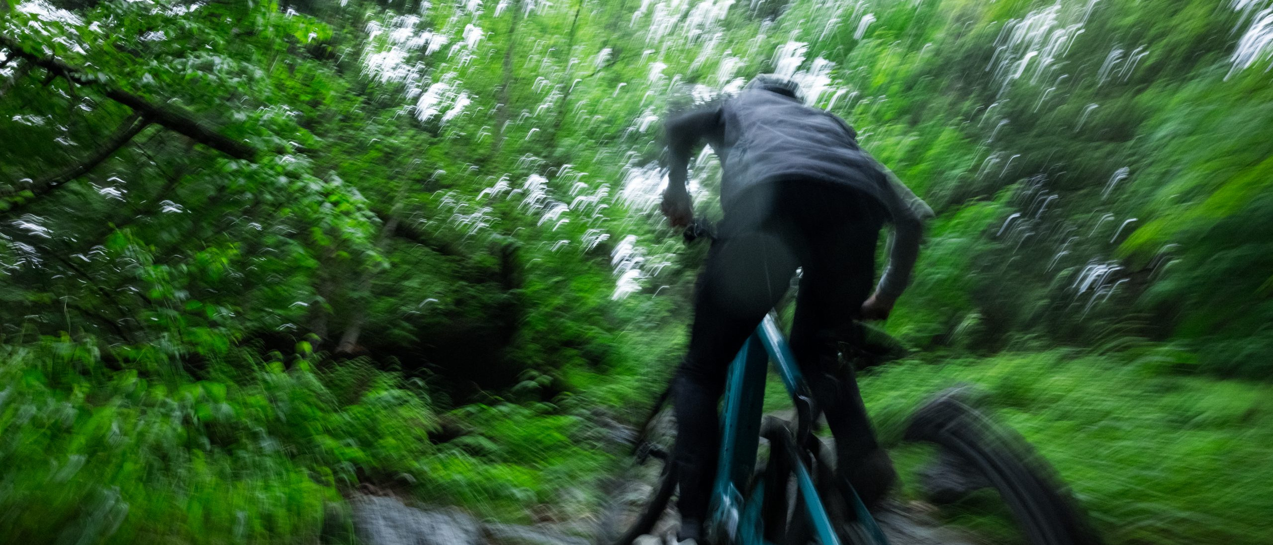 Mountain biker riding through lush forest trail. Share MTB news on trail adventures and biking techniques in challenging terrains. Mountain Bike United.