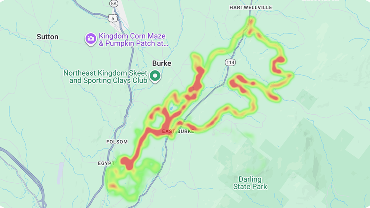Heatmap showing popular MTB trails near Burke, Vermont. Use this map to plan or organise MTB event in the area. Trail density is shown in red and green. Mountain Bike United.