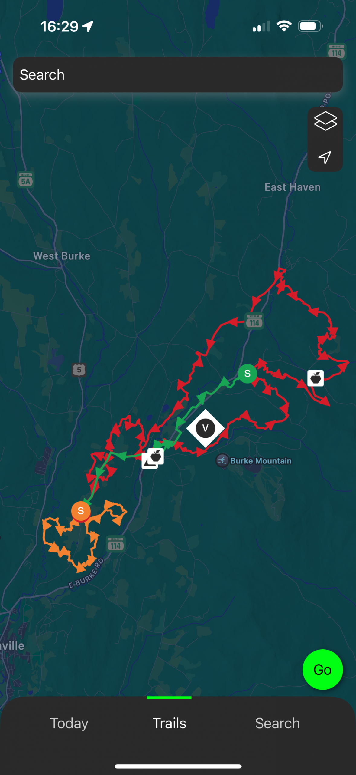 Map showing trails near Burke Mountain, Vermont, with various markers and routes. Mountain Bike United.