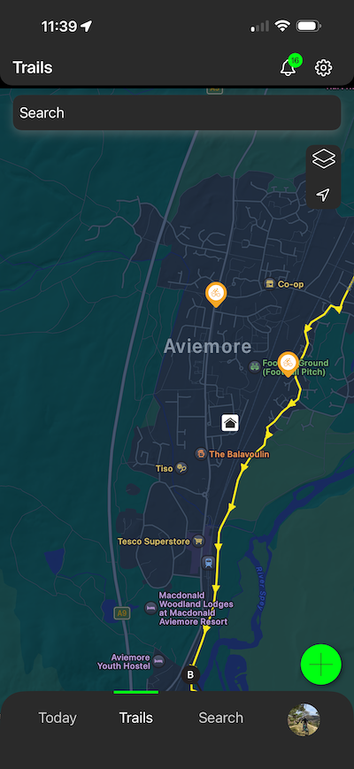 Map of Aviemore showing local trails for mountain biking. Promote your local MTB services. Mountain Bike United.